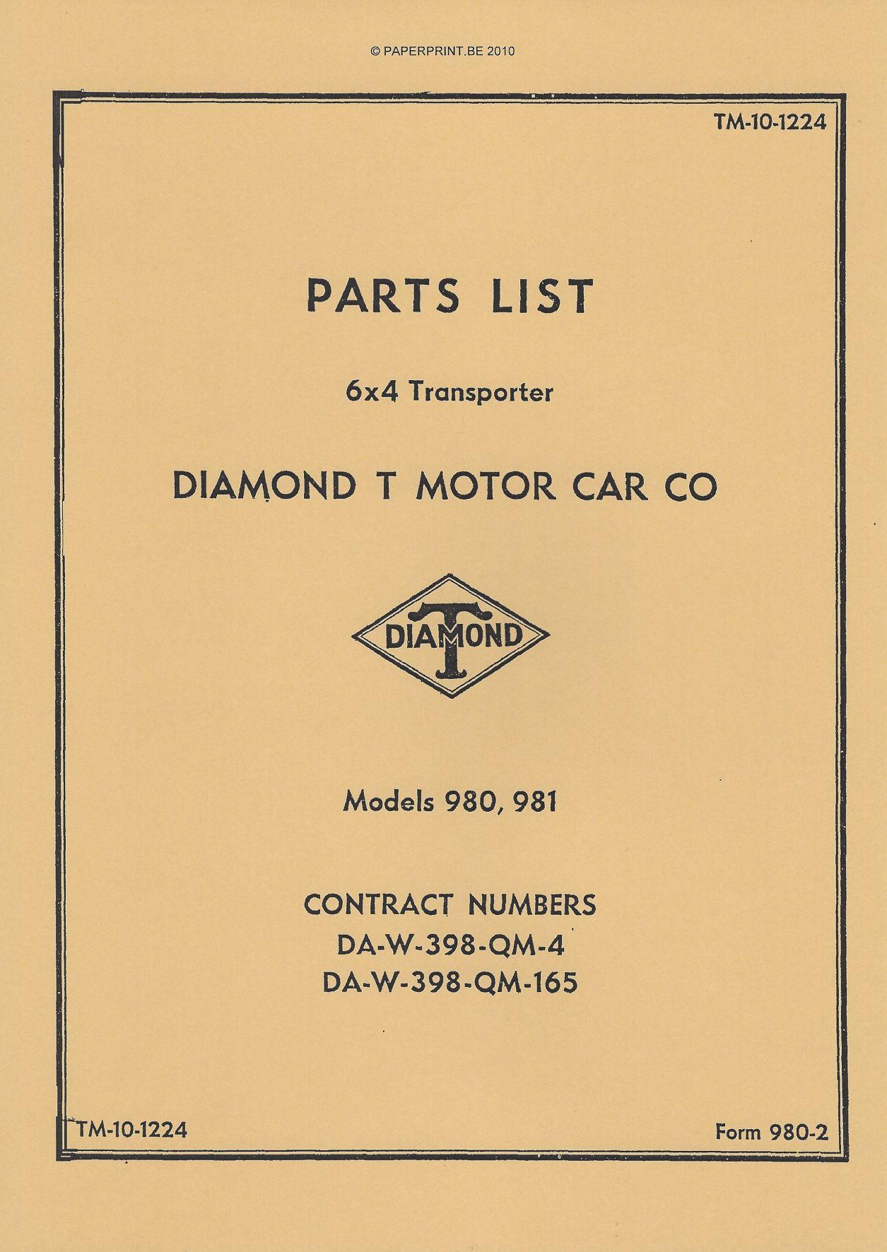 TM 10-1224 US PARTS LIST FOR 6x4 TRANSPORTER DIAMOND T MOTOR CAR CO MODELS 980, 981